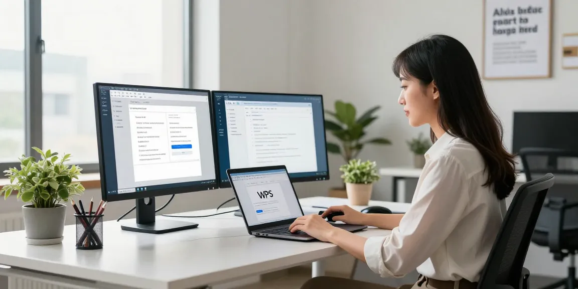 WPS Download in a professional office setup with a woman using a laptop and dual monitors for productivity.
