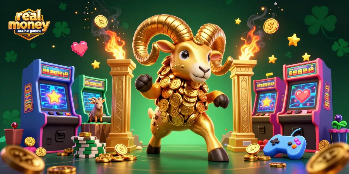 Experience thrilling real money casino games with a golden ram charging through a vibrant arcade-themed casino scene.