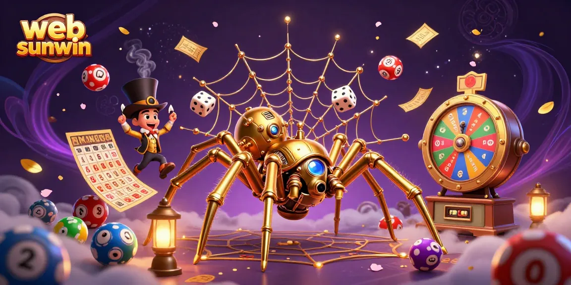Engage with web sunwin as a steampunk spider entraps dice amidst a vibrant gaming backdrop.