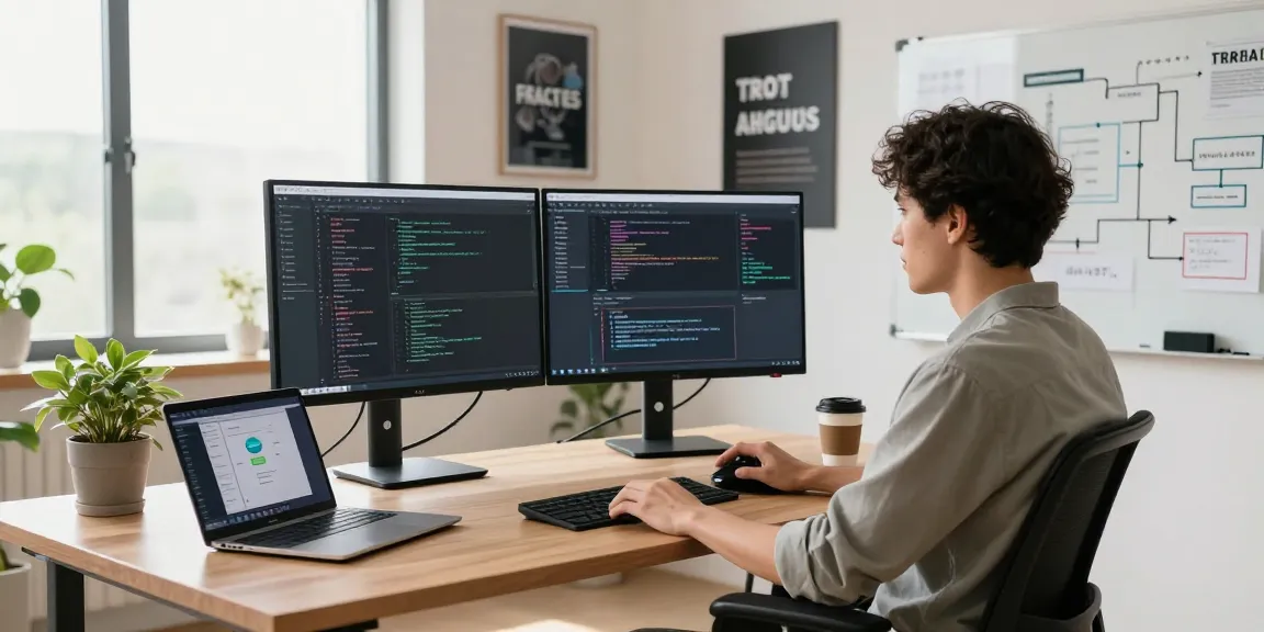 Developer working in a modern office showcasing WPS Official Website's innovative software environment.