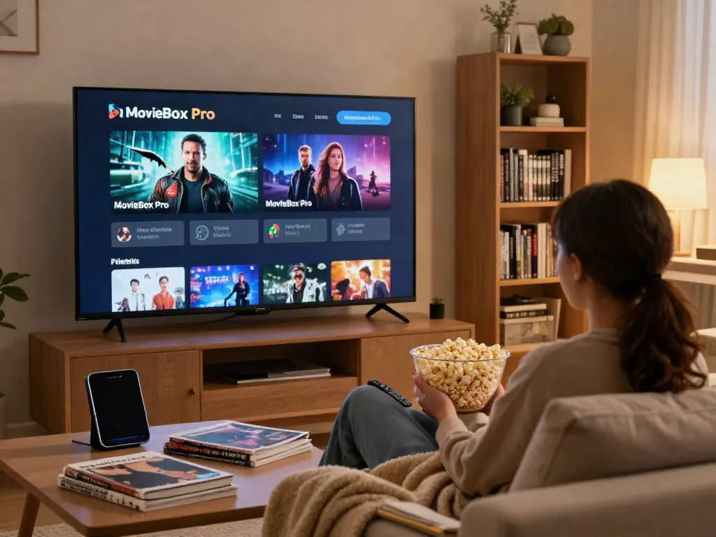 Enjoying free movies on the MovieBox Pro official site in a cozy home setting.