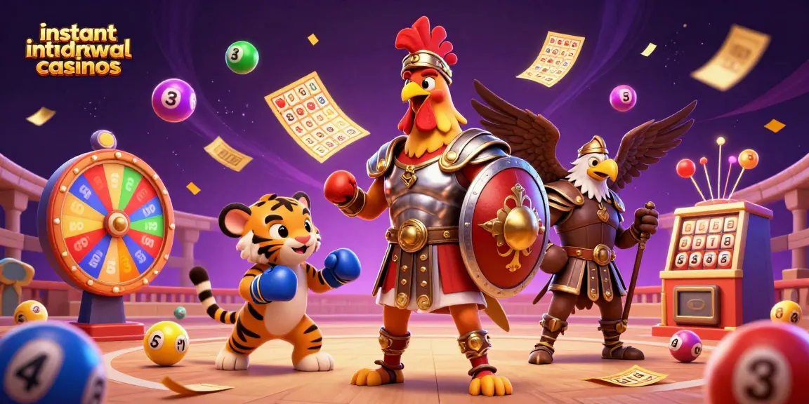 Experience instant withdrawal casinos with vibrant lottery balls, sparring characters, and a dynamic prize atmosphere.