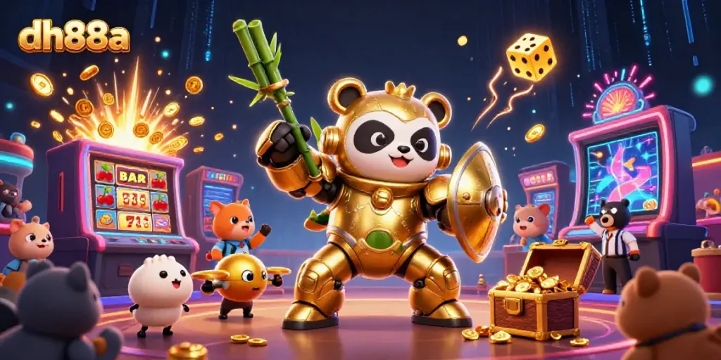 Experience the excitement of dh88a with a vibrant 3D casino scene featuring a golden panda mech and jackpot elements.