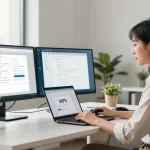 WPS Download in a professional office setup with a woman using a laptop and dual monitors for productivity.