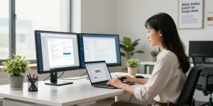 WPS Download in a professional office setup with a woman using a laptop and dual monitors for productivity.