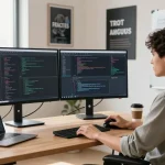 Developer working in a modern office showcasing WPS Official Website's innovative software environment.