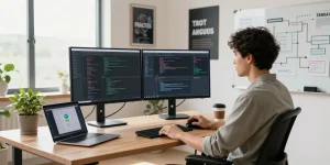 Developer working in a modern office showcasing WPS Official Website's innovative software environment.